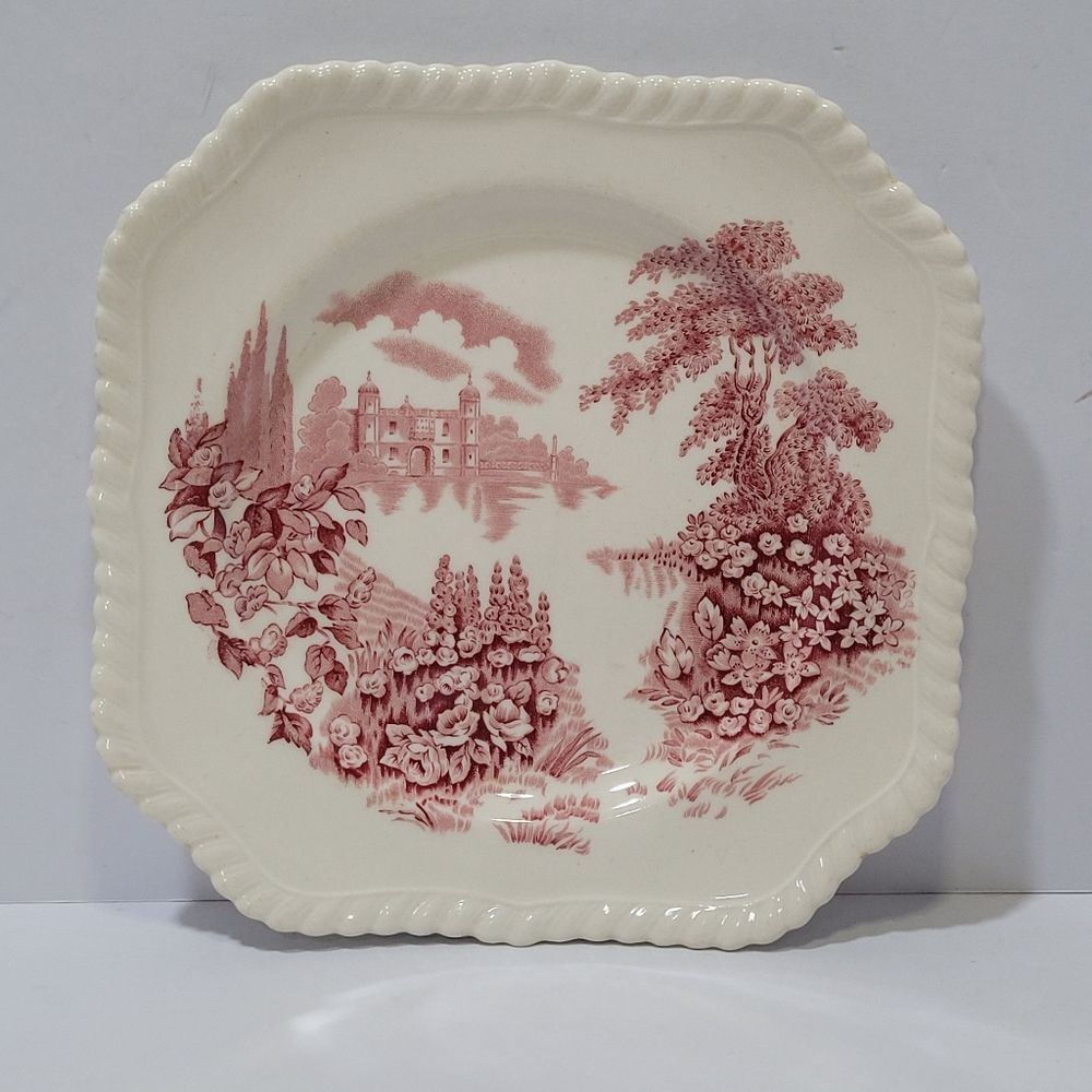 vintage Johnson Brothers "Castle on the Lake" pink and white porcelain plate